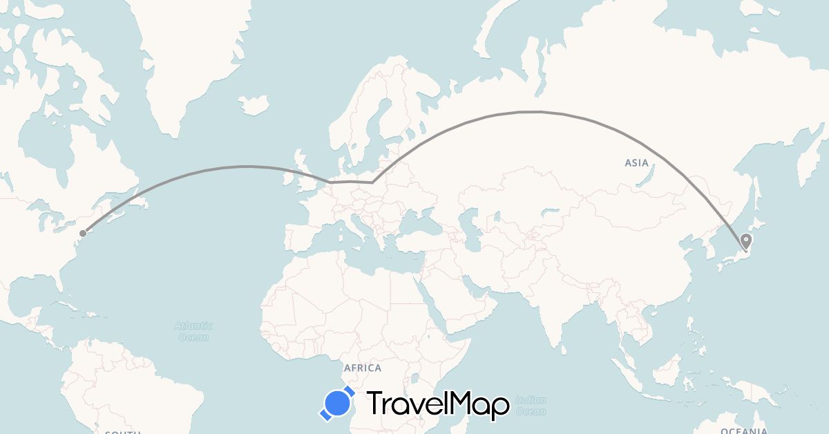 TravelMap itinerary: driving, plane in Japan, Netherlands, Poland, United States (Asia, Europe, North America)